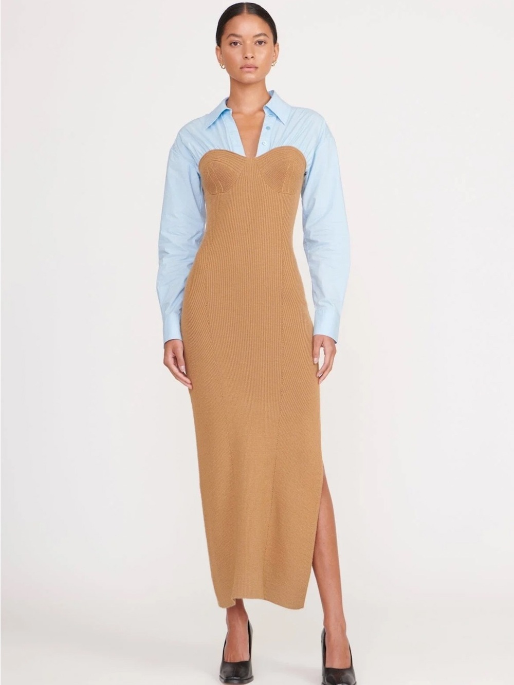 STAUD Light Blue Brown Midi Collared Ribbed Dress Size Large